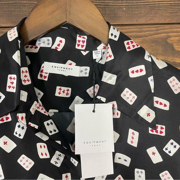 Equipment | Annelie Playing Cards Print Button Down Satin Top Playing Cards Silk - Picture 15 of 16